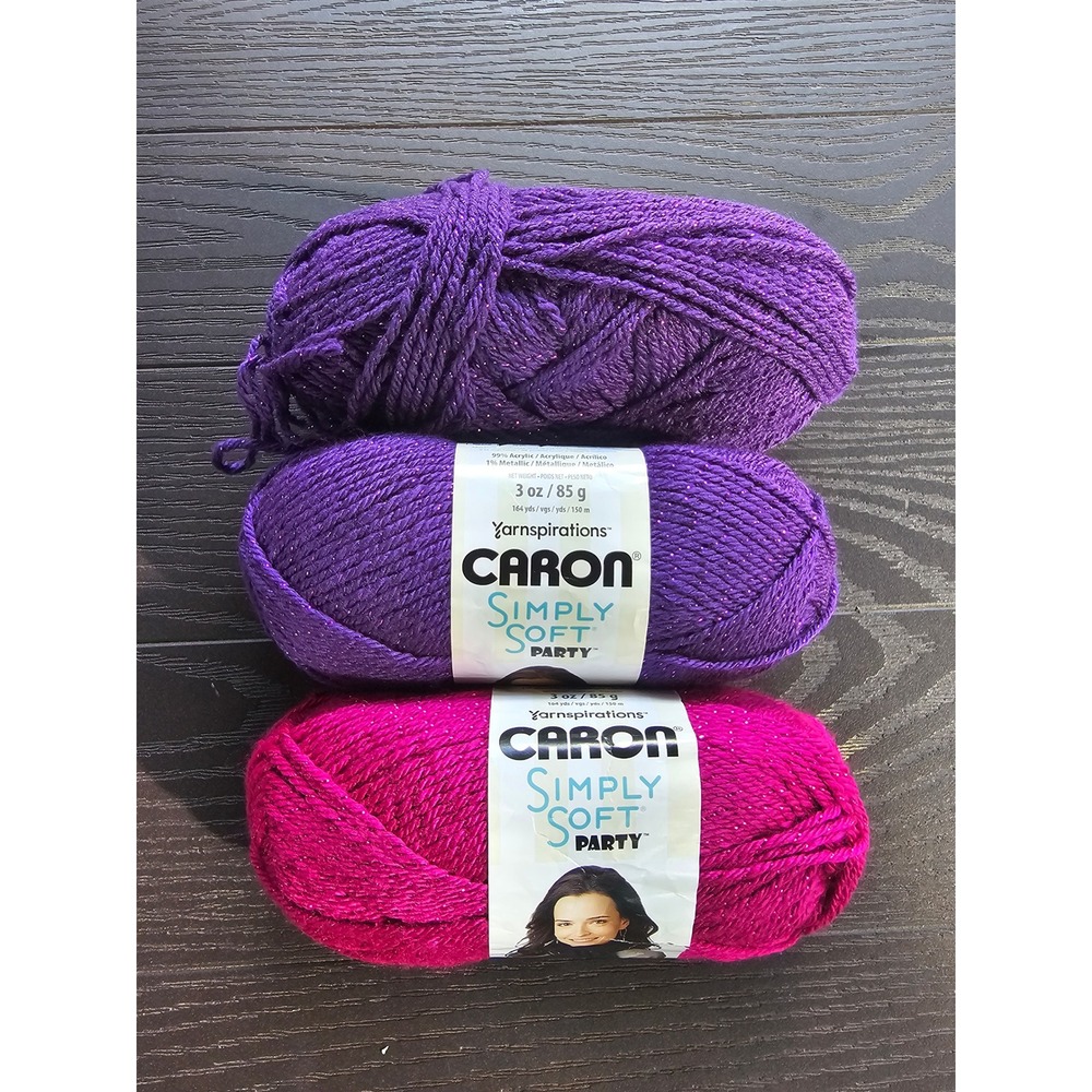 Caron Simply Soft Party Yarn Lot 3 Skeins Purple Fuchsia Sparkle Medium 4 492yds